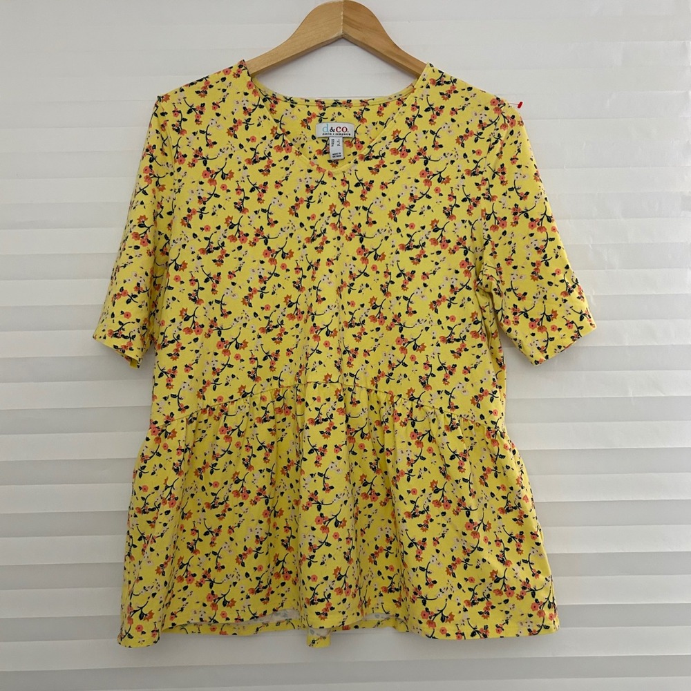 Denim &‎ Co Yellow Floral V-Neck Peplum Top Short Sleeve Babydoll Blouse Large